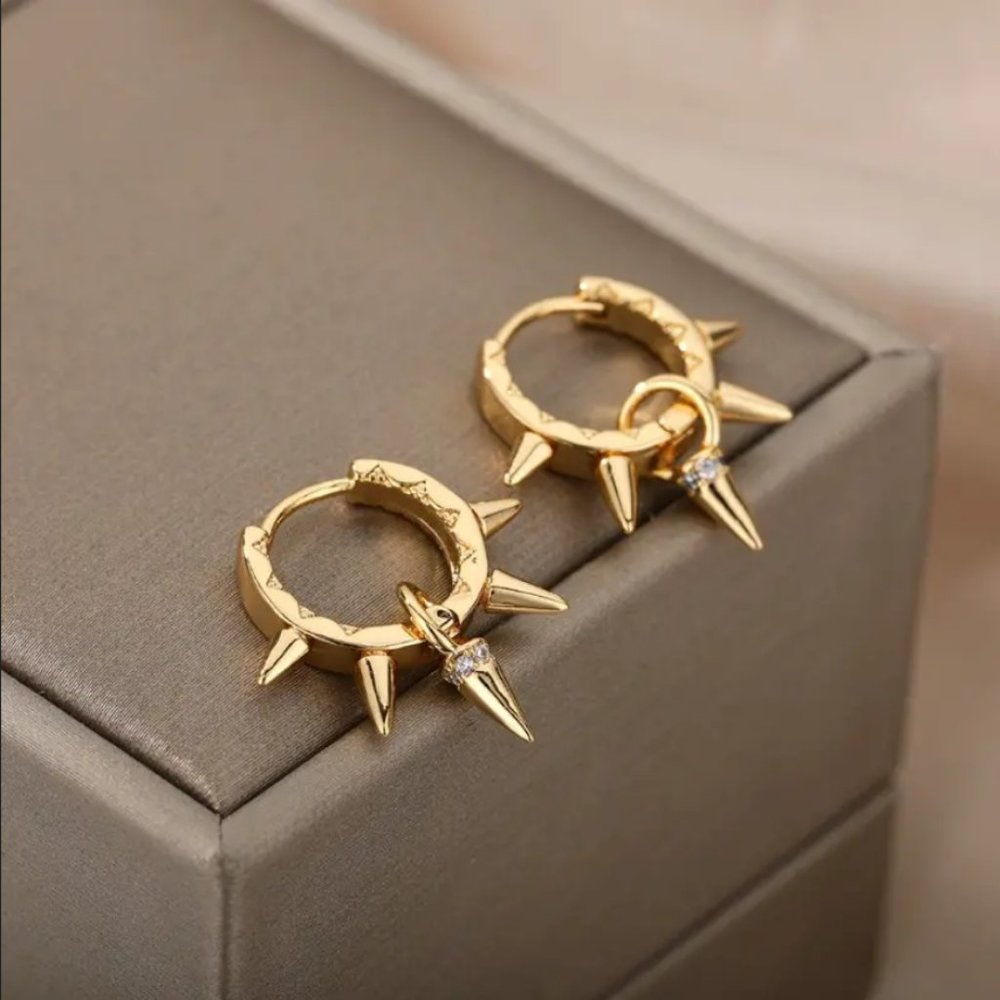 14K Gold Spiked Womens Small Hoop 1ct Diamond Earrings Punk Goth Rock Jewelry 14 - Picture 1 of 7
